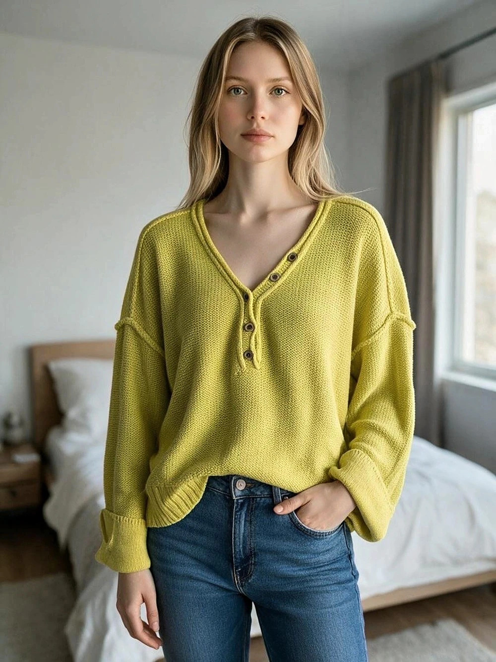 By Together Cotton V-Neck Sweater Yellow Large 28
